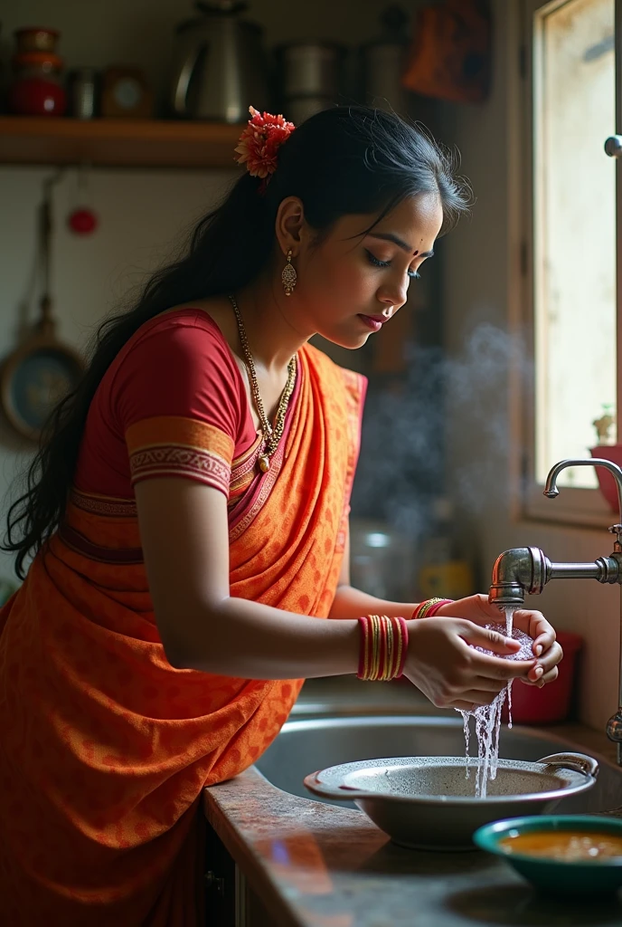 A young indian mom washing utensils in tab water