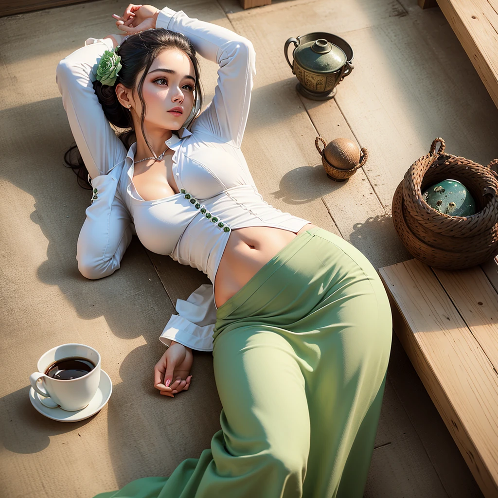 photorealistic, high resolution, masterpiece, best quality ,ultra-detailed, 1women, (medium breast), hair bun , jesmine flower on the head, mature female, solo, hips up, (wearing acmmsayarma outfit, acmmsayarma white top with buttons, long sleeves), ((acmmsayarma green long skirt)).