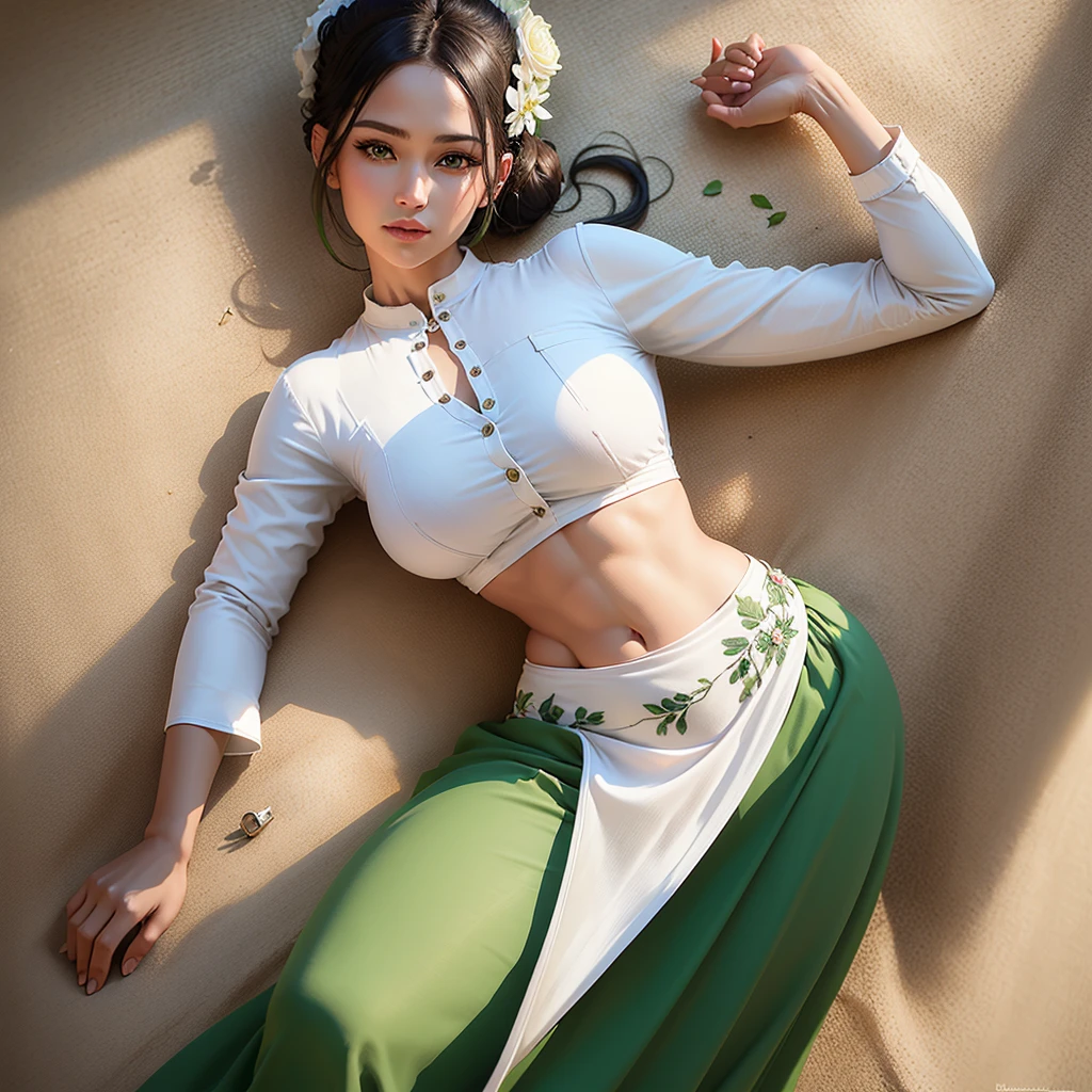 photorealistic, high resolution, masterpiece, best quality ,ultra-detailed, 1women, (medium breast), hair bun , jesmine flower on the head, mature female, solo, hips up, (wearing acmmsayarma outfit, acmmsayarma white top with buttons, long sleeves), ((acmmsayarma green long skirt)).