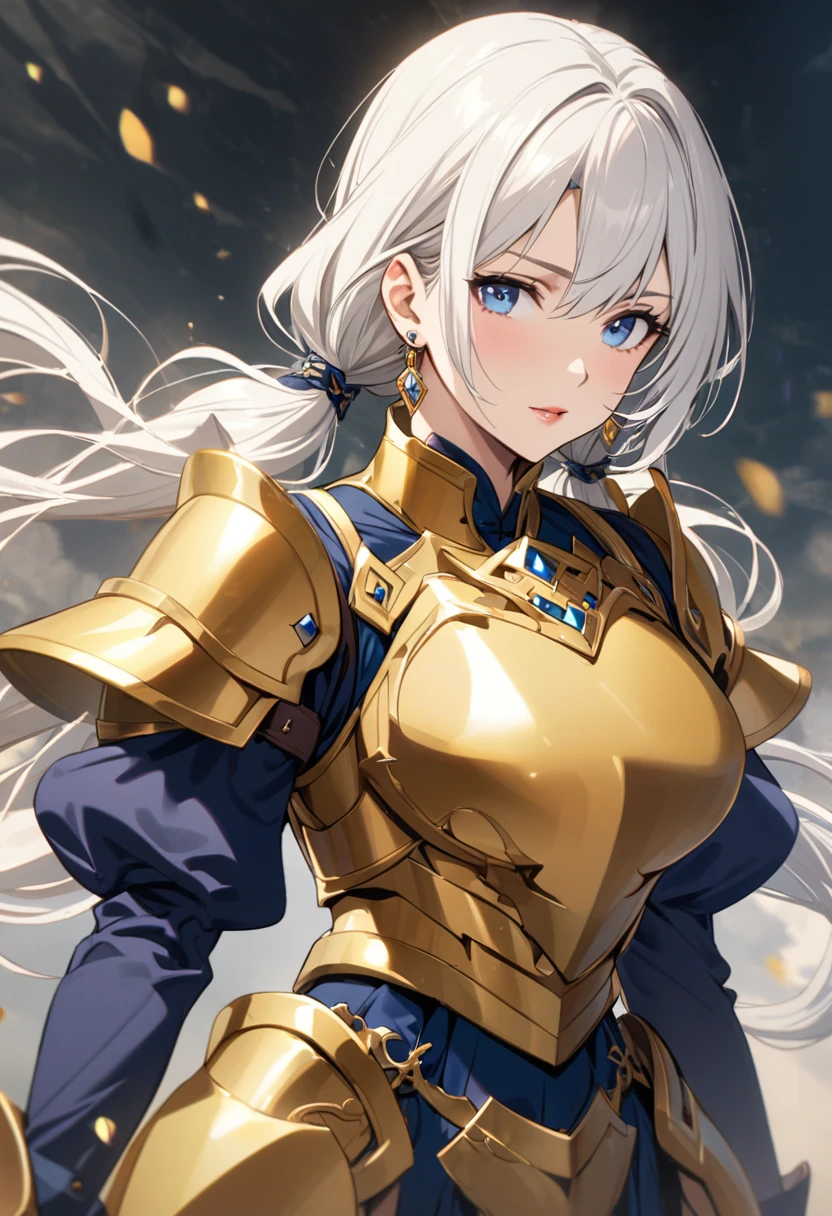 girl, mature, white hair, blue eyes,diamond earings, golden armor, long hair, low twin tails,