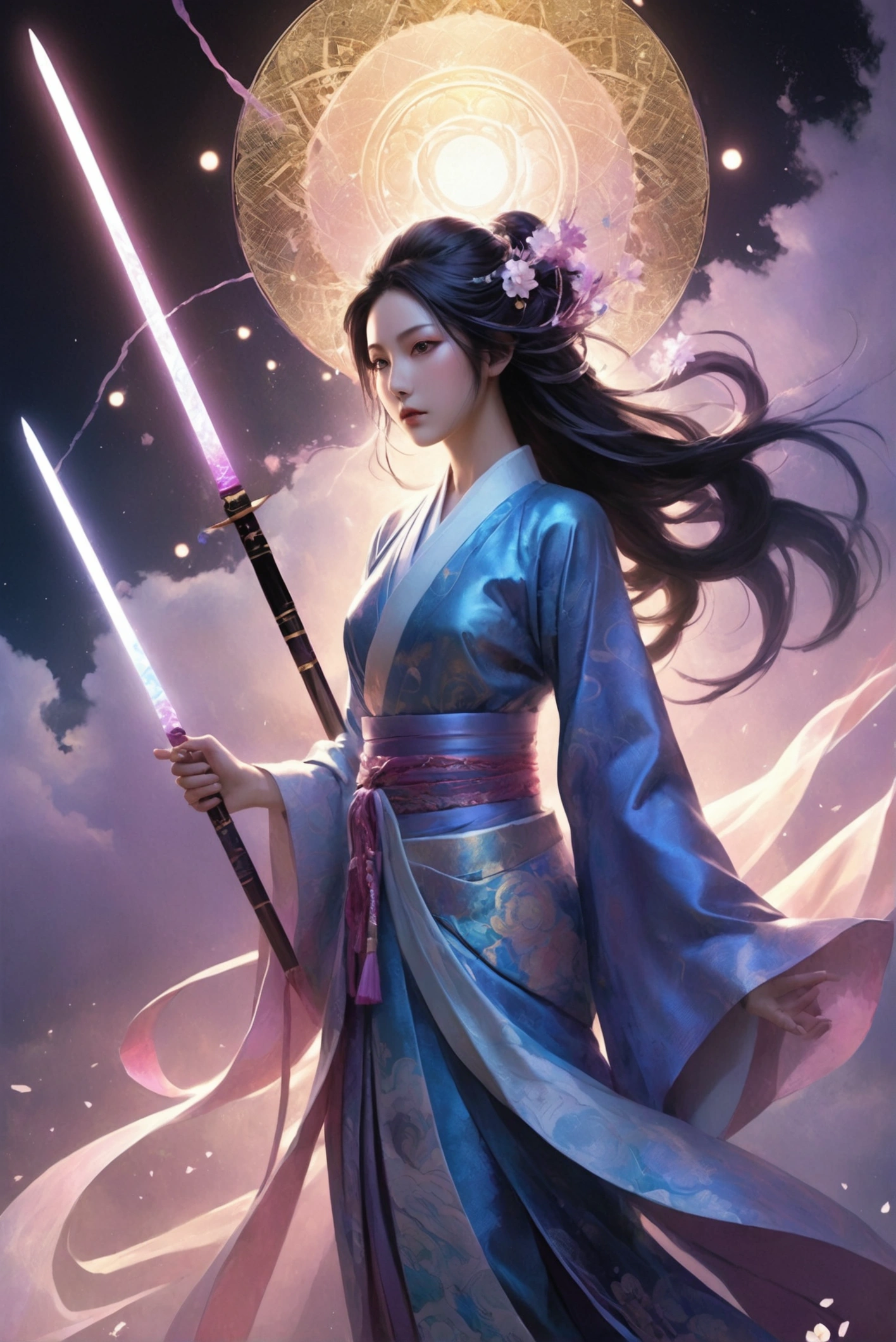 Prompt:
Izanagi and Izanami are depicted majestically in the ethereal realm of Takamagahara, surrounded by an aura of divine light. Other gods, ethereal and luminous, float gracefully around them, their forms shimmering in the celestial glow. The sky is a swirling mix of vibrant blues and purples, signifying the chaos of unformed creation. Izanagi and Izanami stand firmly, their expressions resolute as they grasp the heavenly jeweled spear, Ame-no-Nuboko, which gleams with an otherworldly iridescence, reflecting the birth of their divine determination to create the land.