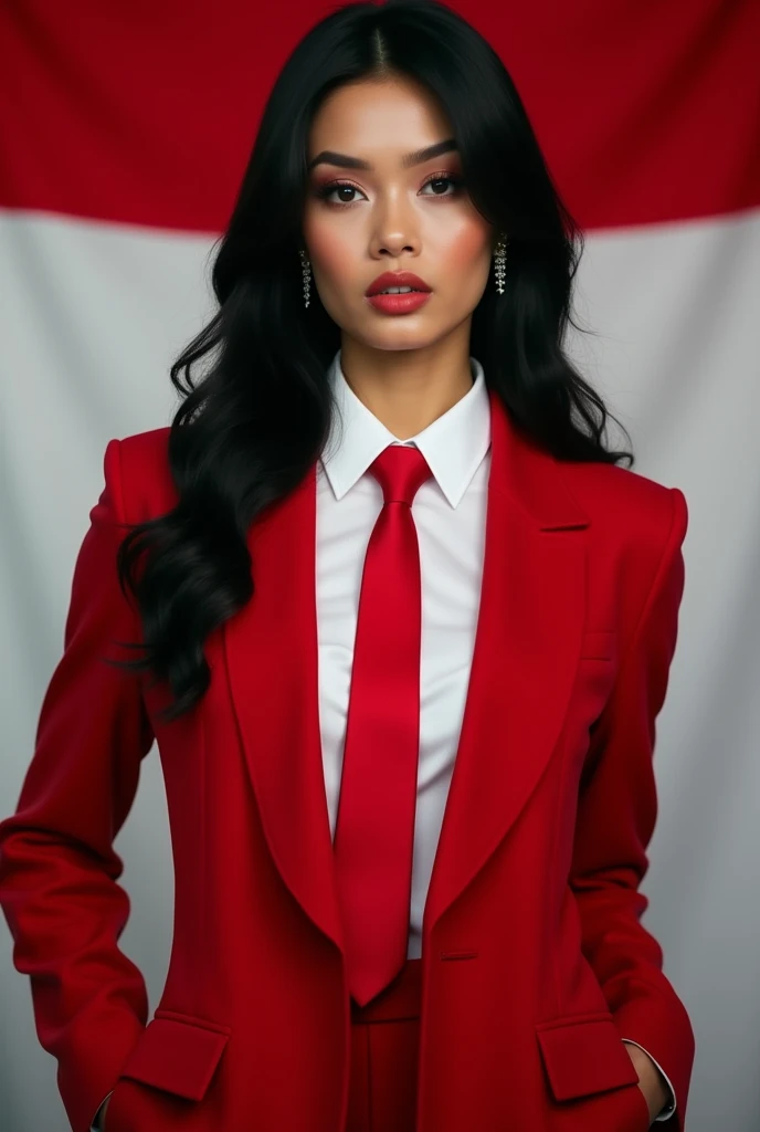 Portrait, Beauty Woman, Focus Camera, Black Hair, Long Hair, Earring, Shirt White, Blazer Red, Tie Red, model pose, hands in trouser pockets, Indonesian flag background