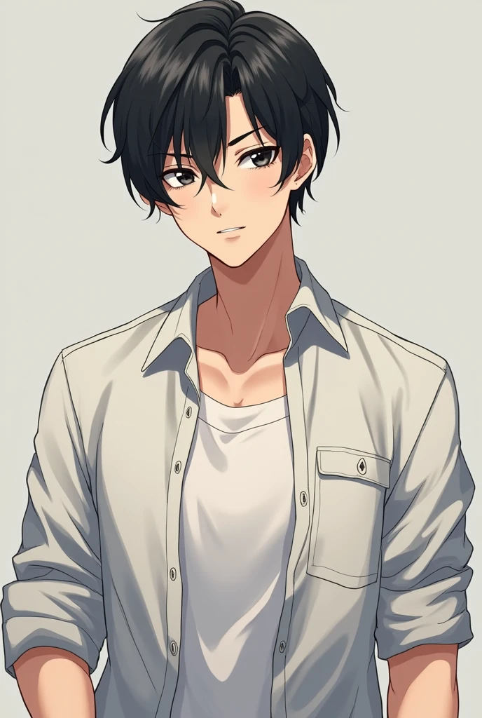 27 year old white anime boy, black hair parted on the side with little volume, side part at eye level, wearing a casual button-down shirt open with a regular shirt underneath, neutral expression with black eyes, with a strong and defined physique, less cute full body front photo