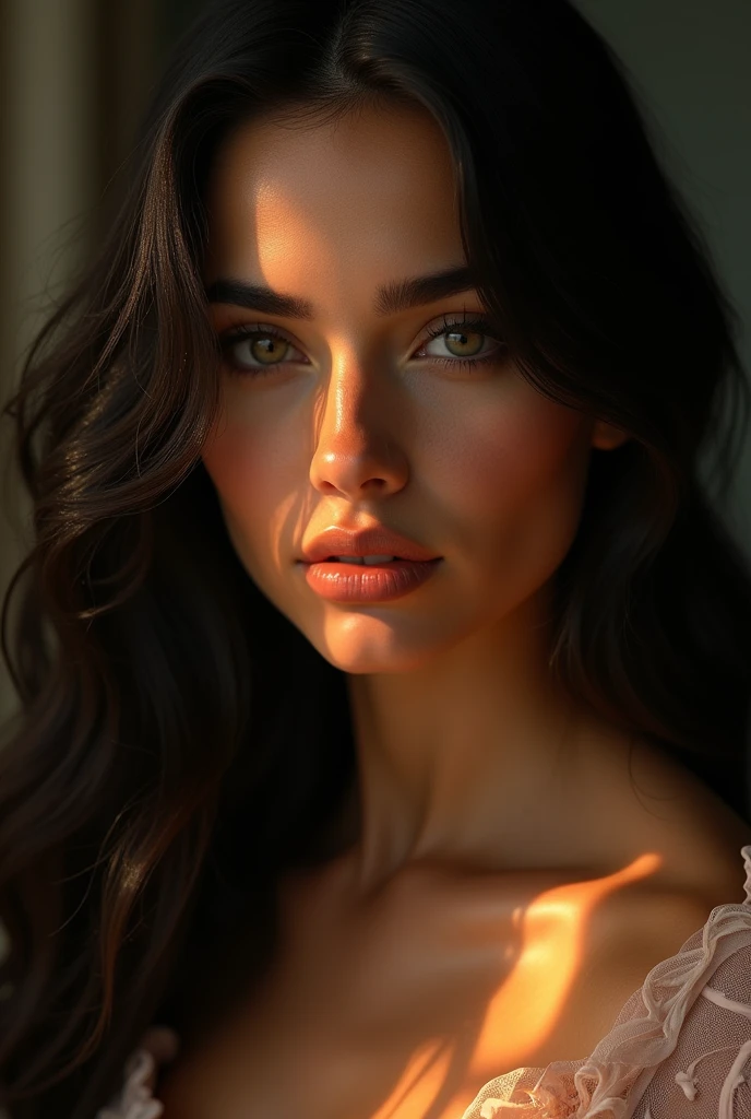 long wavy dark hair, beautiful detailed eyes, beautiful detailed lips, extremely detailed face and portrait, elegant lady, sexy woman, (best quality,4k,8k,highres,masterpiece:1.2),ultra-detailed,(realistic,photorealistic,photo-realistic:1.37),studio lighting,hyper detailed,highly detailed fabric and clothing,cinematic lighting,dramatic lighting,moody lighting,warm color tones,chiaroscuro lighting,golden hour lighting