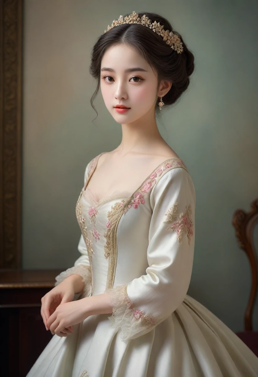 (High resolution,masterpiece:1.2),(Realistic:1.37)"(Highest quality, High resolution, Very detailed, Realistic),A beautiful portrait of a 19th-century beauty, (She is half French and half Japanese., She is a stunning beauty with dark brown eyes and a high nose:1.1), Exquisite ballet costumes, Detailed facial features, Long and graceful neck, Long, flowing hair, Curled bangs, Calm and elegant posture, Soft and delicate lighting, Classical Oil Painting Medium, Vibrant colors, Delicate background with floral motifs", with her long beautiful hair down