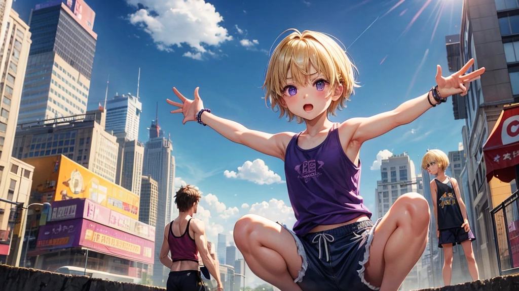 10 years old、Raise your arms、Blonde and short-haired、Purple eyes、Tank top、Girl、1 person、solo、Baggy shorts、squat、