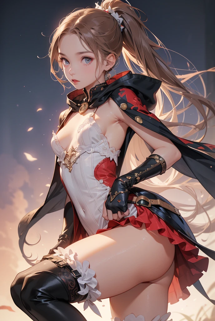 (((masterpiece, of the highest quality, super detailed))), (a female knight of an occult order), ((minimal but intricate beautiful armour)), ((dark hair)), ((ponytail, thick ponytail, heavy ponytail)), (((( Highly detailed face))), (((Very sharp focused eyes))), very long eyelashes, small ???????, (((flat ?????:1.1))), (resolved expression), (resolute expression), occult aesthetic, Fluttering lace flared dress with frilly petticoats, (red and white clothing detailed and intricate steampunk and detailed gothic), (with a hood), (thigh high flared socks), complex lace boots