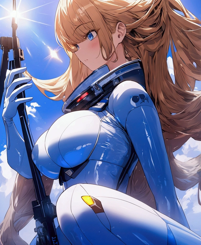 (masterpiece, Best quality), beautiful female astronaut with blue eyes and blonde hair dressed in a futuristic latex space suit, sexuality, big breasts, stockings, Metallic, WHITE, brilliant, bare legs, HD, dim lighting in the spaceship, many displays and instruments are the main light source in the scene., displays of orange and blue light, glowing orange light of the sun outside the spaceship dominates the scene, cinematic lighting in hair, hair light, wind in hair,