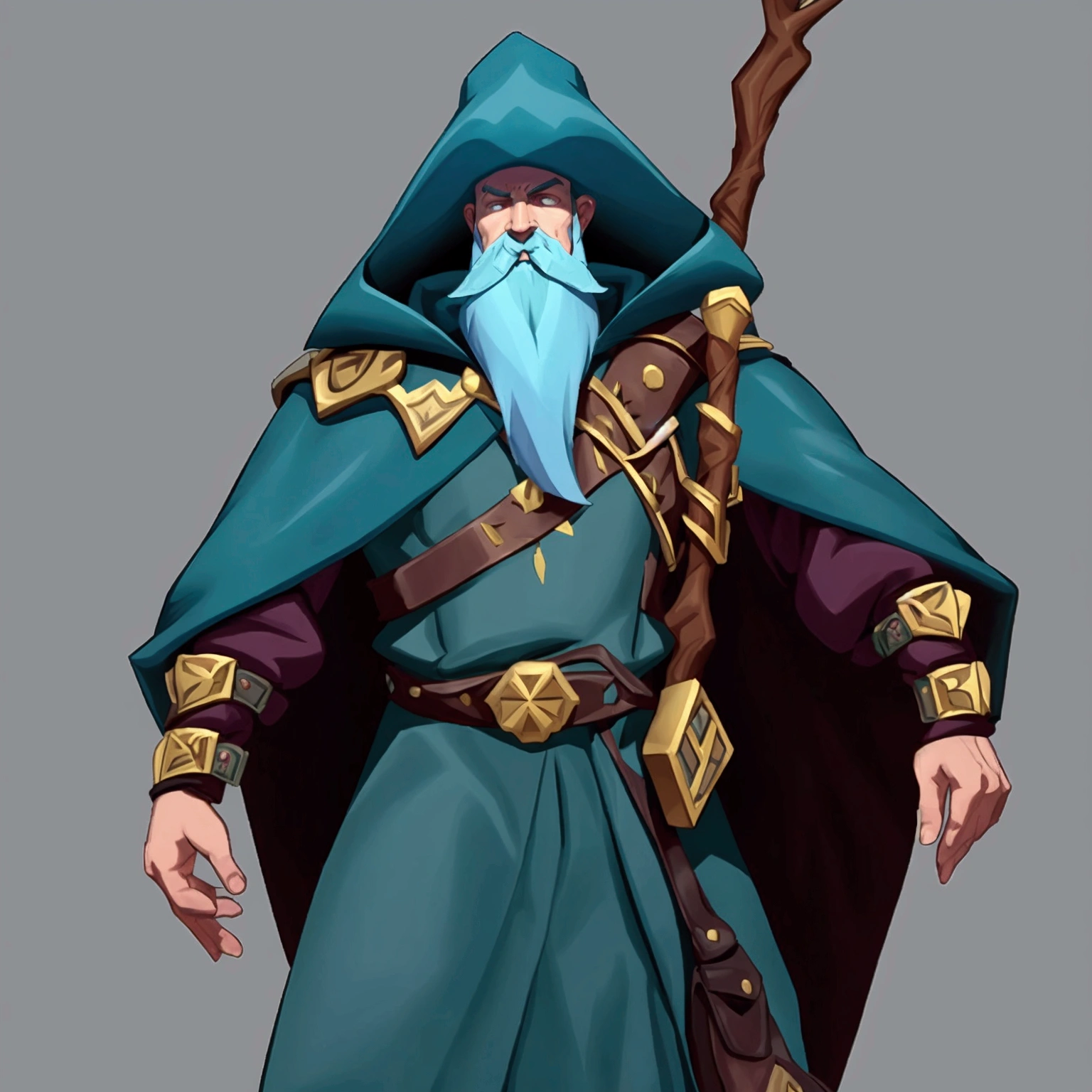concept art, European and American comics, game character design, RPG Fantasy Game Characters, 1boy, solo, European male in his 30s, Male-centric, Light blue hair, Mustache and beard, Hair length reaches the neck, Wizard Outfit, A light gray outfit, The wizard hat has a brown belt decoration in the middle. The wizard hat looks similar to an explorer's hat. There is a brown leather cover from the shoulder to the chest area. The leather is spread out on both sides of the chest and there are decorative lines connecting both sides in two rows. Wearing brown arm guards on the arms, Holding a wooden stick with a jewel at the end, Wearing a brown belt three times around the waist, The belt has pouches and bags hanging from it. Zoom in on the upper body