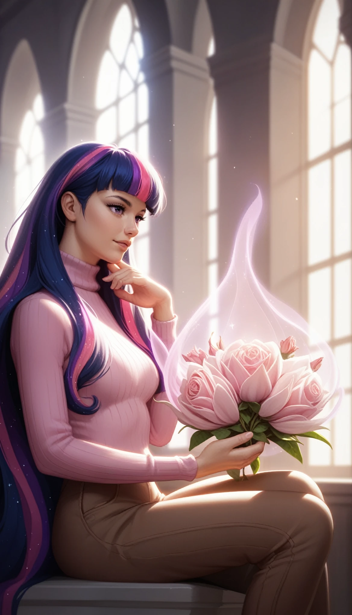 Mysterious atmosphere, Atmospheric, Ethereal quality,Realistic,beautifully、aesthetic,, alone,between legs,Pink turtleneck, Brown pants,(Browsing Caution:0.85),, democracy,, Power plant,, (Sparkling atmosphere, Enchanting Sparkle, Bright lighting, Ethereal atmosphere, Enchanting Sparkle, Exciting colors, Captivating colors, Dramatic lighting, Captivating aura),