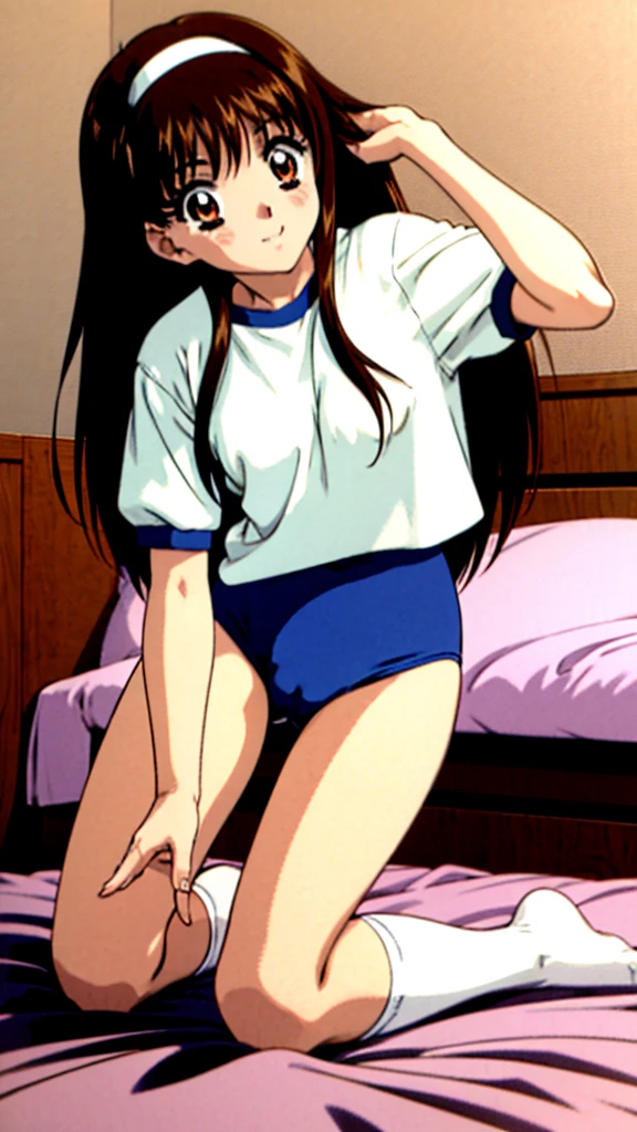 Yuki Mizuho, One person, One personで, Long Hair, hair band, Brown Hair, (gym uniform,(blue brown:1.2), (white shirt, short sleeves:1.1), thighs:1.3),(navel:1.3),(cameltoe:1.3), That's not a leotard.., Open your mouth, blush, Lips parted, liar, On the bed,On all fours,On all foursになって,To the audience:, ground level shot, retro artstyle,White knee socks, No shoes, 1990s (style), expensive quality, very_expensive_solve, big_file size, Full Color,Browsing Caution,(Accurate fingertips, Browse 4, Thumb 1),