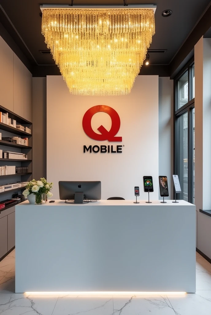 Front View of the reception shop of a mobile shop, with right left mobiles rage, gray or white accents, a warm yellow crystal chandelier, and a shop logo on the wall behind the reception desk, "Q MOBILE." ", there is right left mobiles on the stands, "Q" is red and "MOBILE" color is black.