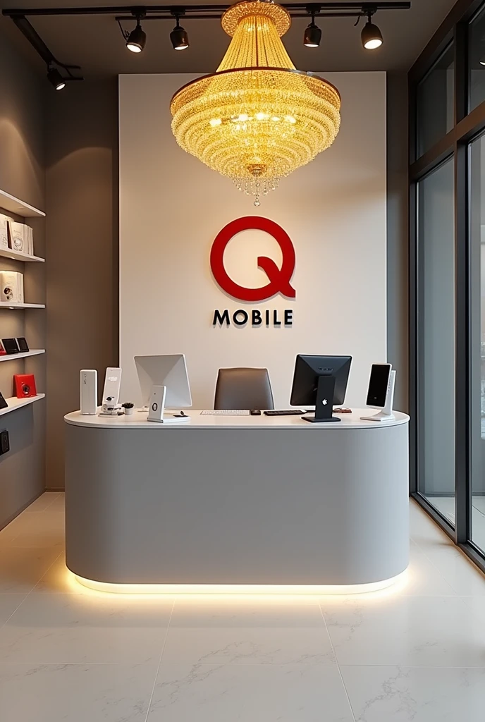 Front View of the reception shop of a mobile shop, with right left mobiles rage, gray or white accents, a warm yellow crystal chandelier, and a shop logo on the wall behind the reception desk, "Q MOBILE." ", there is right left mobiles on the stands, "Q" is red and "MOBILE" color is black.