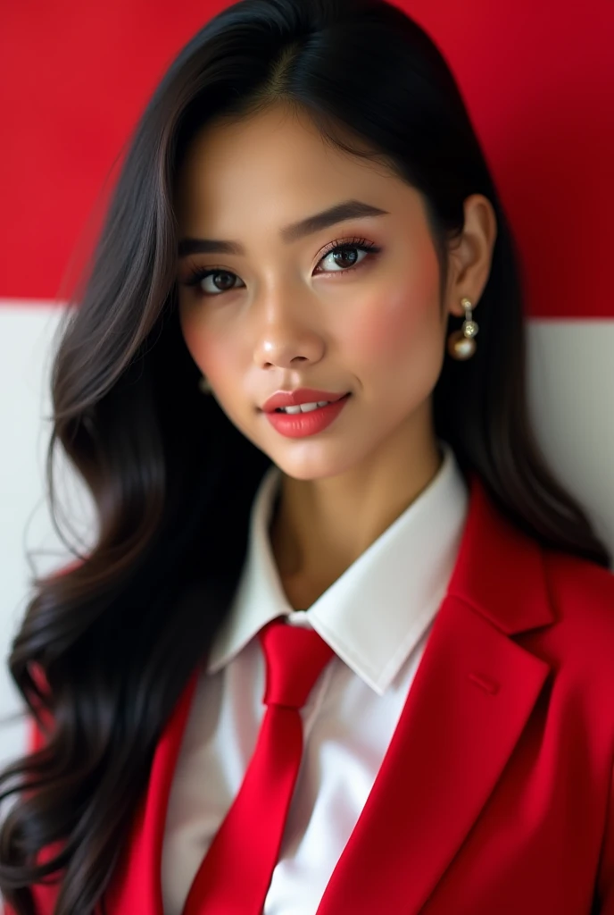 Portrait, Beauty Woman, Focus Camera, Black Hair, Long Hair, Earring, Shirt White, Blazer Red, Tie Red, model pose, hands in trouser pockets, Indonesian flag background