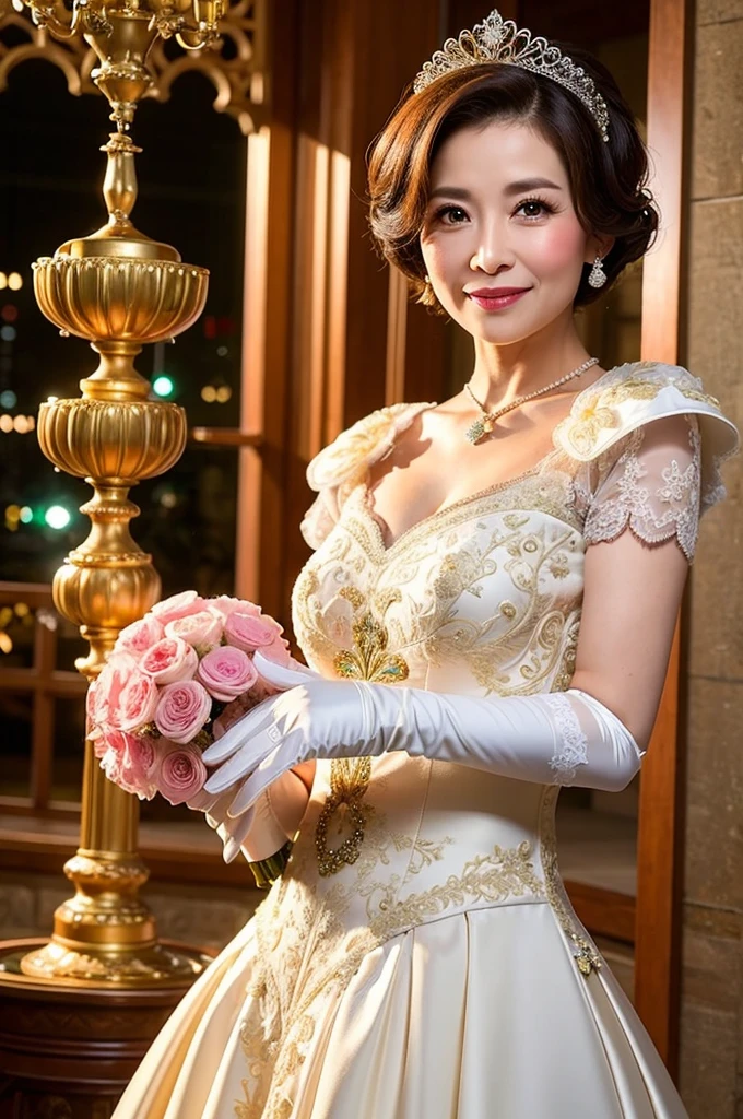 ((Masterpiece)), ((Best Quality)), A middle-aged short-hair woman, ((She is wearing an ornamental organdie wedding dress)), She is wearing gloves on her hands., outdoor,