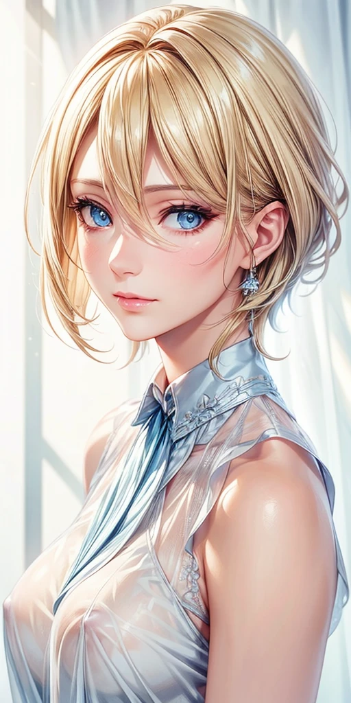 Portraiture, Realistic, Elegant mature woman, blue eyes, Blonde, 4K resolution, Ultra-detailed CG, Beautiful CG, Soft Light,See-through blouse (NSFW),Small breasts,Detailed eyes,Detailed face,Closed Mouth