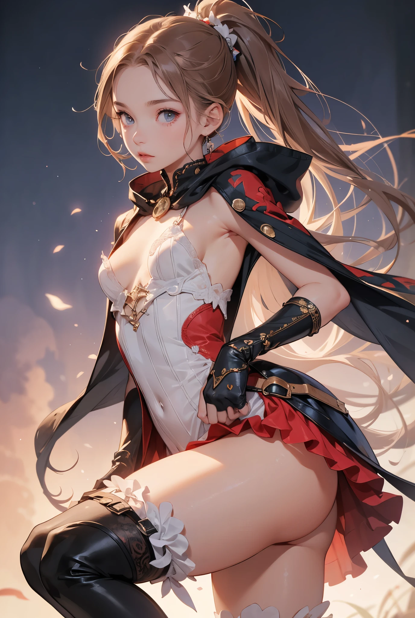 (((masterpiece, of the highest quality, super detailed))), (a female knight of an occult order), ((minimal but intricate beautiful armour)), ((dark hair)), ((ponytail, thick ponytail, heavy ponytail)), (((( Highly detailed face))), (((Very sharp focused eyes))), very long eyelashes, small breasts, (((flat chest:1.1))), (resolved expression), (resolute expression), occult aesthetic, Fluttering lace flared dress with frilly petticoats, (red and white clothing detailed and intricate steampunk and detailed gothic), (with a hood), (thigh high flared socks), complex lace boots