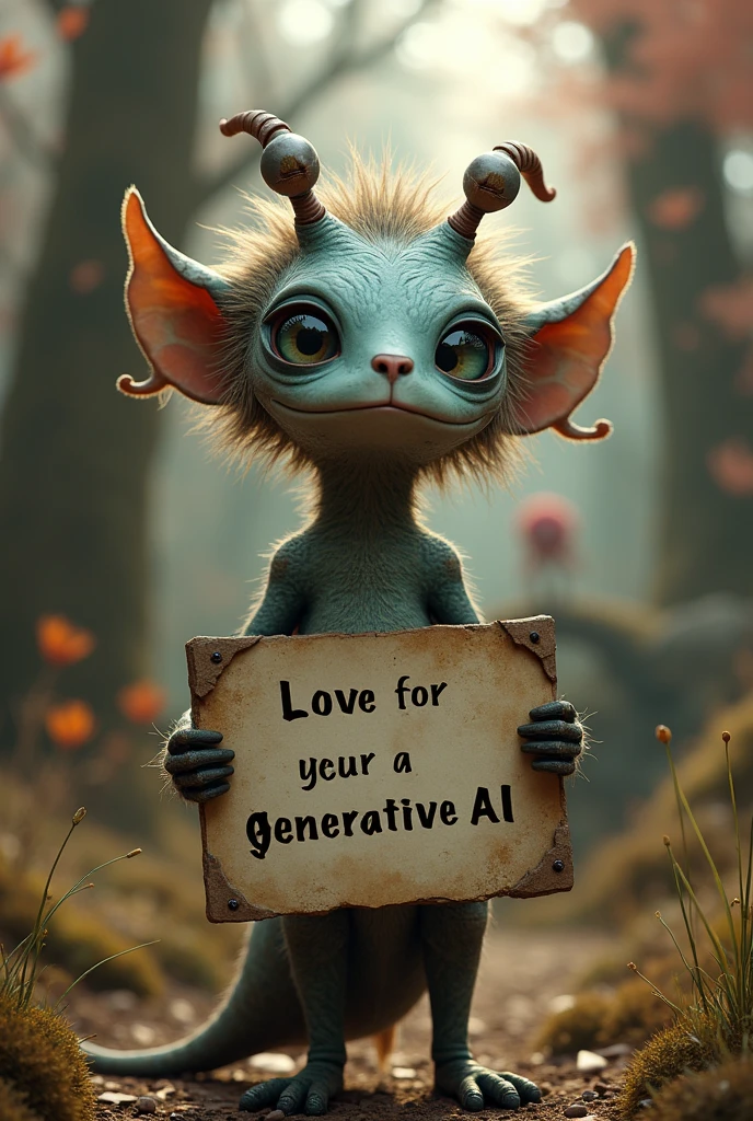 (a creature designed by tim burton in wonderland, holding a handwritten sign that says "I love GenAI", afternoon light, magical atmosphere, subtle colors and indirect lighting touches), (best quality,4k,8k,highres,masterpiece:1.2),ultra-detailed,(realistic,photorealistic,photo-realistic:1.37),3d render,digital painting,concept art,intricate details,whimsical,fantastical,moody lighting,soft focus,warm tones,chiaroscuro,ethereal,dreamlike,mystical,emotive,imaginative,surreal,expressionistic