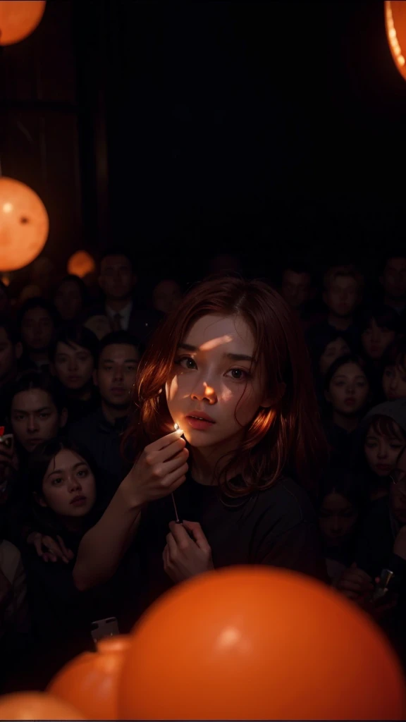 A dark, surreal scene with a dense crowd of people, all with reddish hair, gathered closely together. The lighting is dim, with warm, orange and red highlights casting shadows across the crowd. The atmosphere is mysterious and slightly unsettling, with the central focus on a `(small group of individuals:1.5)` standing out in the middle. The background is `[dark, fading into blackness:0.8]`, creating a claustrophobic feeling. The faces and features of the people are partially obscured, adding to the eerie, dreamlike quality of the scene.
