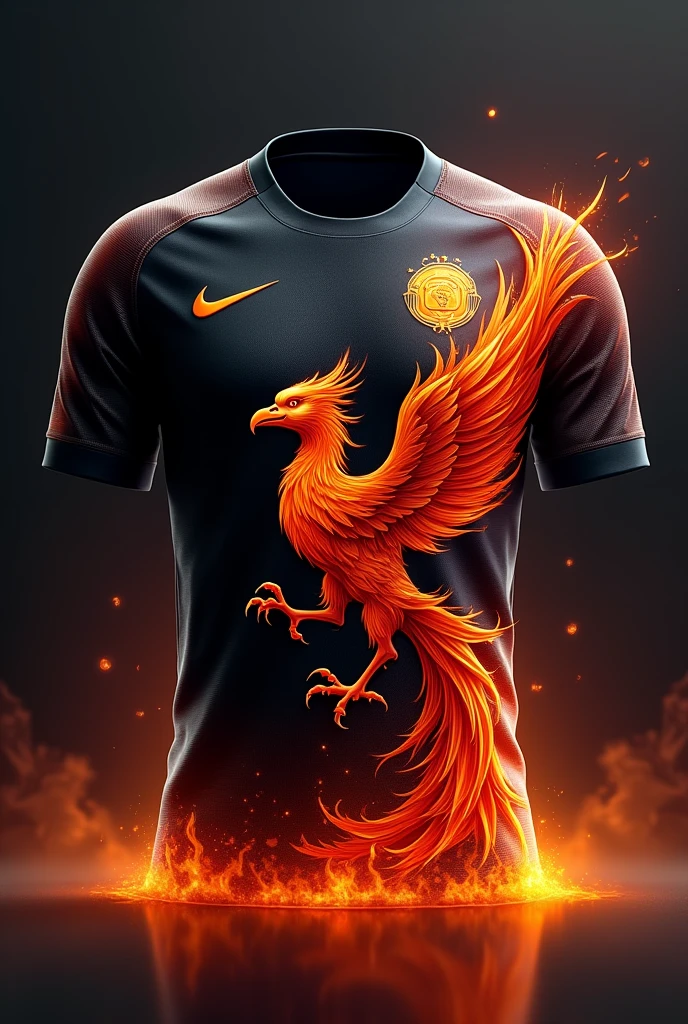 Make a soccer jersey ,on the left side is printed Nike and on the right side 9B on a hanger with a black background,  with a Nike printed design
And a detailed phoenix with flames