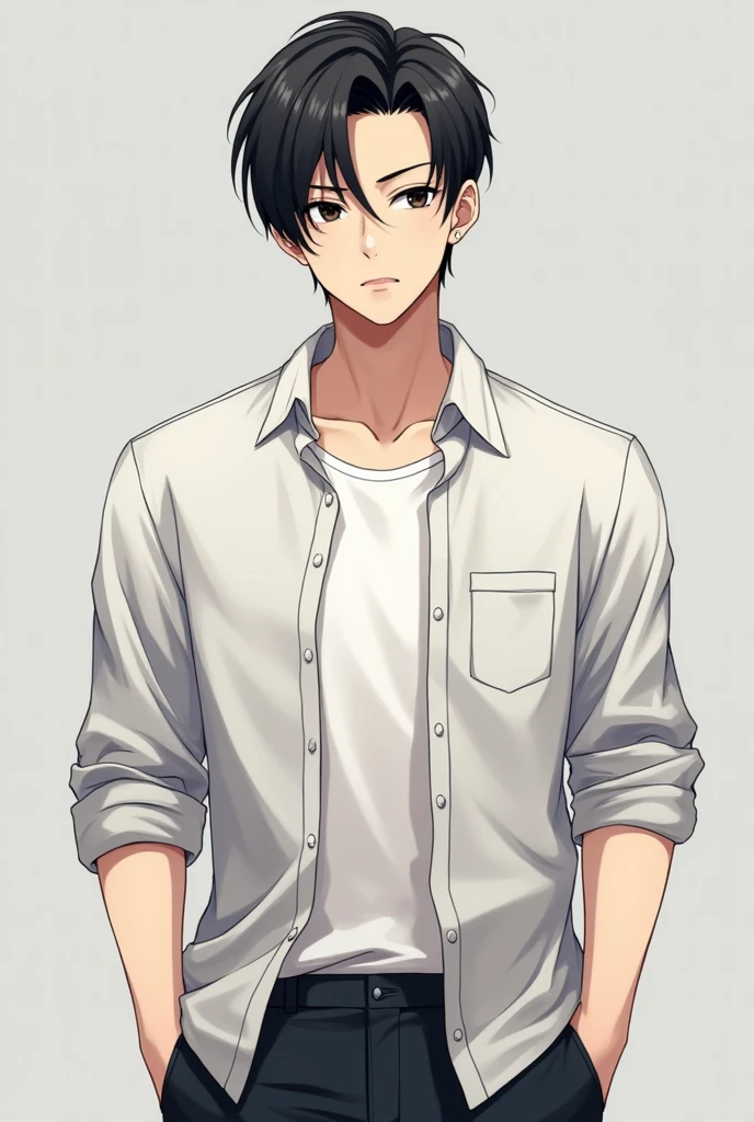 27 year old white anime boy, black hair parted on the side with little volume, side part at eye level, with a casual button-down shirt without pockets open with a regular shirt underneath, neutral expression with black eyes, with a strong and defined physique, less cute full body front photo