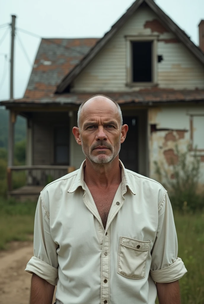 White man aged 31 with bald head with white shirt standing near an old house 