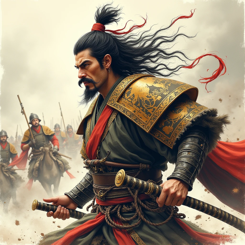 Three Kingdoms,Attache,Shogun,Shouting threats towards here,Battle,Imperial Army,Attack,Strong winds,Tiger Whiskers,Ready to die,Martial God,Frizzed and tangled hair,Fantasy,A painting drawn with ink.