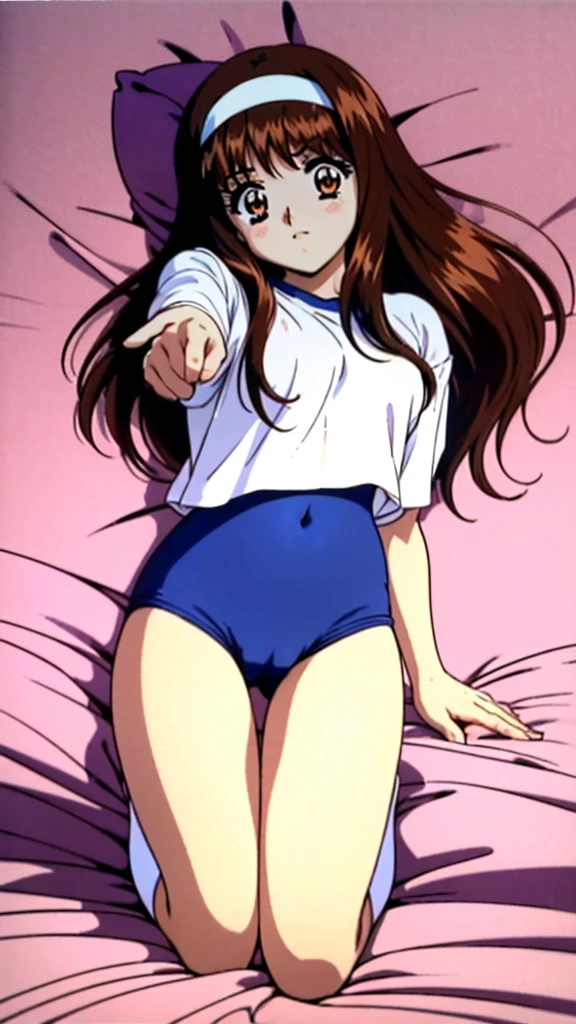 Yuki Mizuho, One person, One personで, Long Hair, hair band, Brown Hair, (gym uniform,(blue brown:1.2), (white shirt, short sleeves:1.1), thighs:1.3),(navel:1.3),(cameltoe:1.3), That's not a leotard.., Open your mouth, blush, Lips parted, liar, On the bed,On all fours,On all foursになって,To the audience:, low angle full body shot, retro artstyle,White knee socks, No shoes, 1990s (style), expensive quality, very_expensive_solve, big_file size, Full Color,Browsing Caution,(Accurate fingertips, Browse 4, Thumb 1),