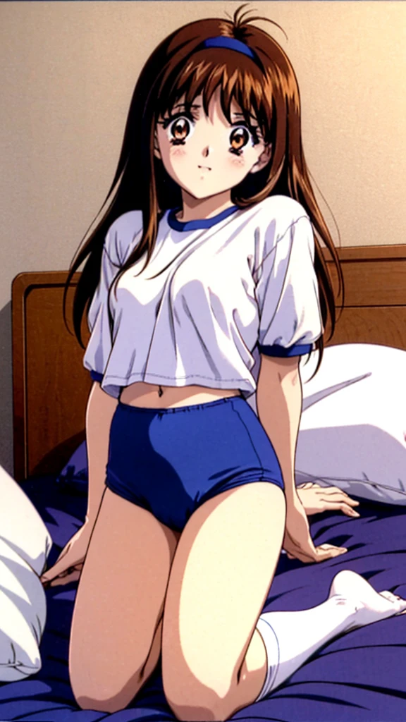 Yuki Mizuho, One person, One personで, Long Hair, hair band, Brown Hair, (gym uniform,(blue brown:1.2), (white shirt, short sleeves:1.1), thighs:1.3),(navel:1.3),(cameltoe:1.3), That's not a leotard.., Open your mouth, blush, Lips parted, liar, On the bed,On all fours,On all foursになって,To the audience:, low angle full body shot, retro artstyle,White knee socks, No shoes, 1990s (style), expensive quality, very_expensive_solve, big_file size, Full Color,Browsing Caution,(Accurate fingertips, Browse 4, Thumb 1),