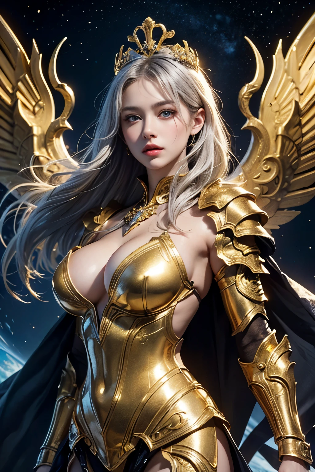 Ultra HD、Ultra-clear、Beautiful Face、Pisces Warrior、Covered entirely in golden armor、Holy knight in golden armor、Golden Tiara、Golden armor with ornate carvings covering the entire body、Heavy golden armor、Crystal clear blue eyes、Silver Hair、Big Breasts、Outer space background、