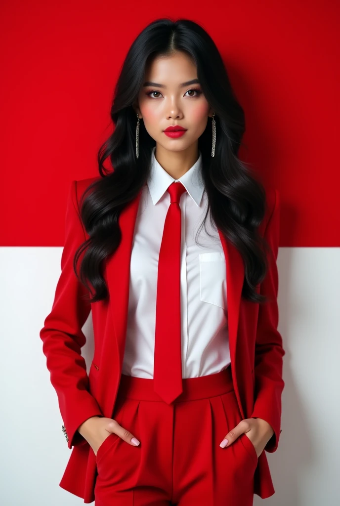 Portrait, Beauty Woman, Focus Camera, Black Hair, Long Hair, Earring, Shirt White, Blazer Red, Tie Red, model pose, hands in trouser pockets, Indonesian flag background
