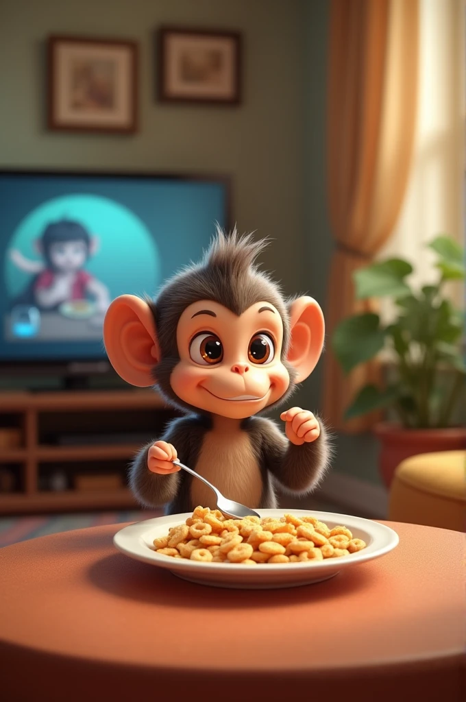 A little monkey eating its cereal with milk on a plate, sitting at a table watching TV in the living room of its house.