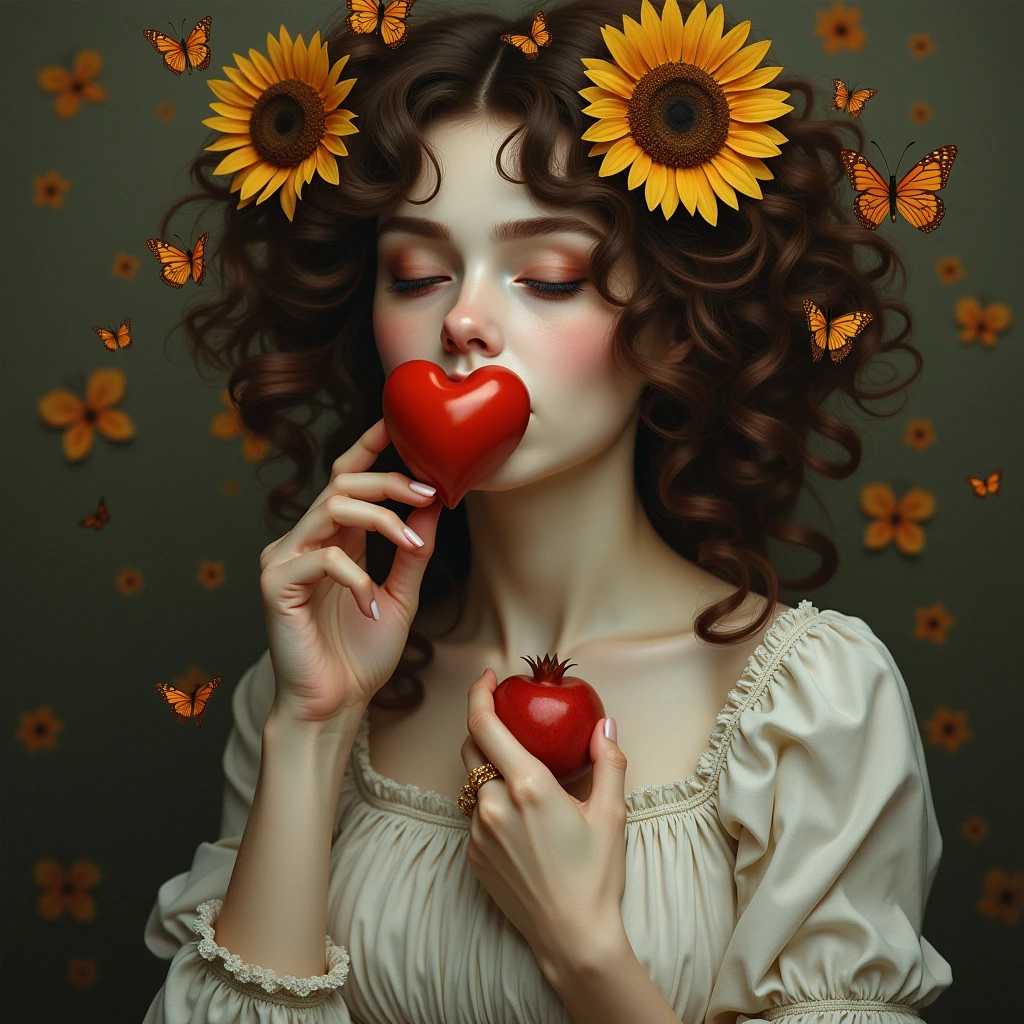 one women ,brown open curls ,white dress ,a red heart in the picture ,Pomegranate,butterflies ,sunflowers in the hair ,brown or closed eyes ,a hand to be seen ,poetic ,it should all make sense, not just be there , Victorian , Grim ,a bit chubby ,brown eyes ,herz rot