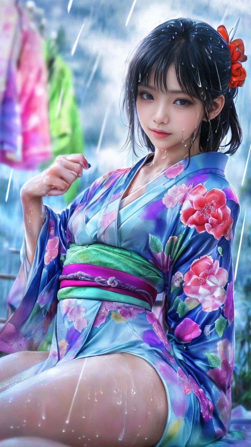 最high quality、high quality、Best image quality、8k、最High resolution、High resolution、最high quality、masterpiece、RAW Photos、whole body写真、Detailed and realistic human body、Detailed and realistic skin、Realistic face in every detail、Detailed and realistic eyes、Detailed and realistic lips、Detailed and realistic teeth、Detailed and realistic ears、Detailed and realistic hair、Realistic reproduction of every detail、((Beautiful Hands(thumb1、reference4))、Realistic feet down to the last detail、((Beautiful Japan))、(Japanese Model)、18 year old beautiful girl))、(Black Hair)、(Random Hairstyles)、((whole body))、((Slim and perfect figure))、(Flat Chest、Small breasts)、(whole body光沢肌、Fair skin)、Mini Chinese Dress and Kimono、Mini Ninja Costume、Japanese tradition、Japanese garden、Rain clouds spreading across the sky、Heavy rain weather、Pouring rain、Wind and rain storm、((Colorful floral pattern(See-through kimono dress))、((Pouring rainの中でリラックス(Poses to make your thighs look beautiful))、((Soaked skin from head to toe))、((Rain-soaked clothes(Rain dripping from clothes))、((The lines of her body are clearly visible through her wet kimono..))