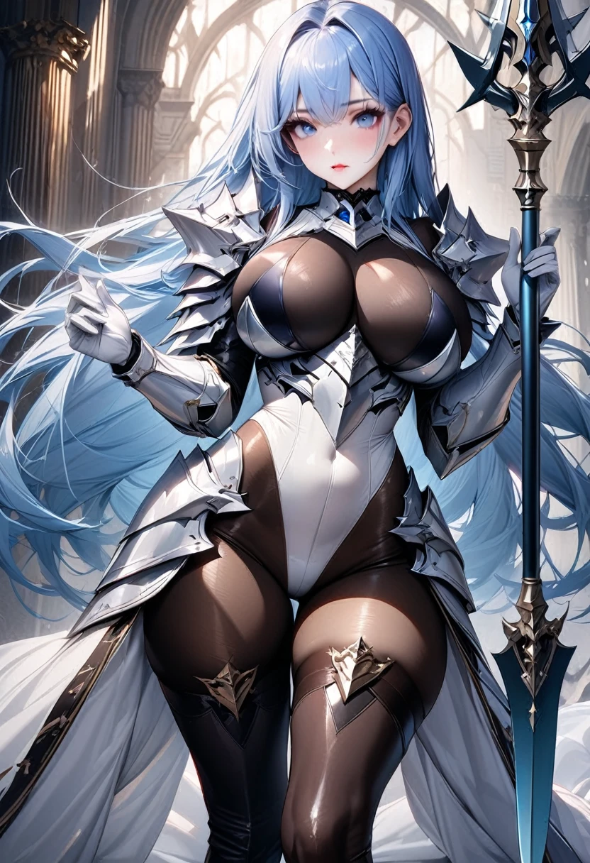 ((highest quality)), ((masterpiece)), ((hyperrealistic)), (solo), 1girl, ((curvy)), ((Tight and digging into the skin: 1.2)), perfect face, ((Azur Lane)), ((armored dress)), ((white paladin armor)), ((skin-tight pantyhose leotard: 1.4)), ((white knight armor breastplate)), ((skin-tight black Investigator Bodystocking)), ((large pauldron)), (white long gauntlet gloves), ((light blue hair straight long hair)), ((Squeezing large breasts)), (pantyhose thighs), ((Knee-high boots on the white tight skin that digs into it)), (high heel boots), ((see through cleavage cutout)), zettai ryouiki, ultra high leg cut, beautiful blue eyes, Perfect hands, perfect fingers, luxurious goldsmith spear, holding a spear, prepare a spear, makeup,