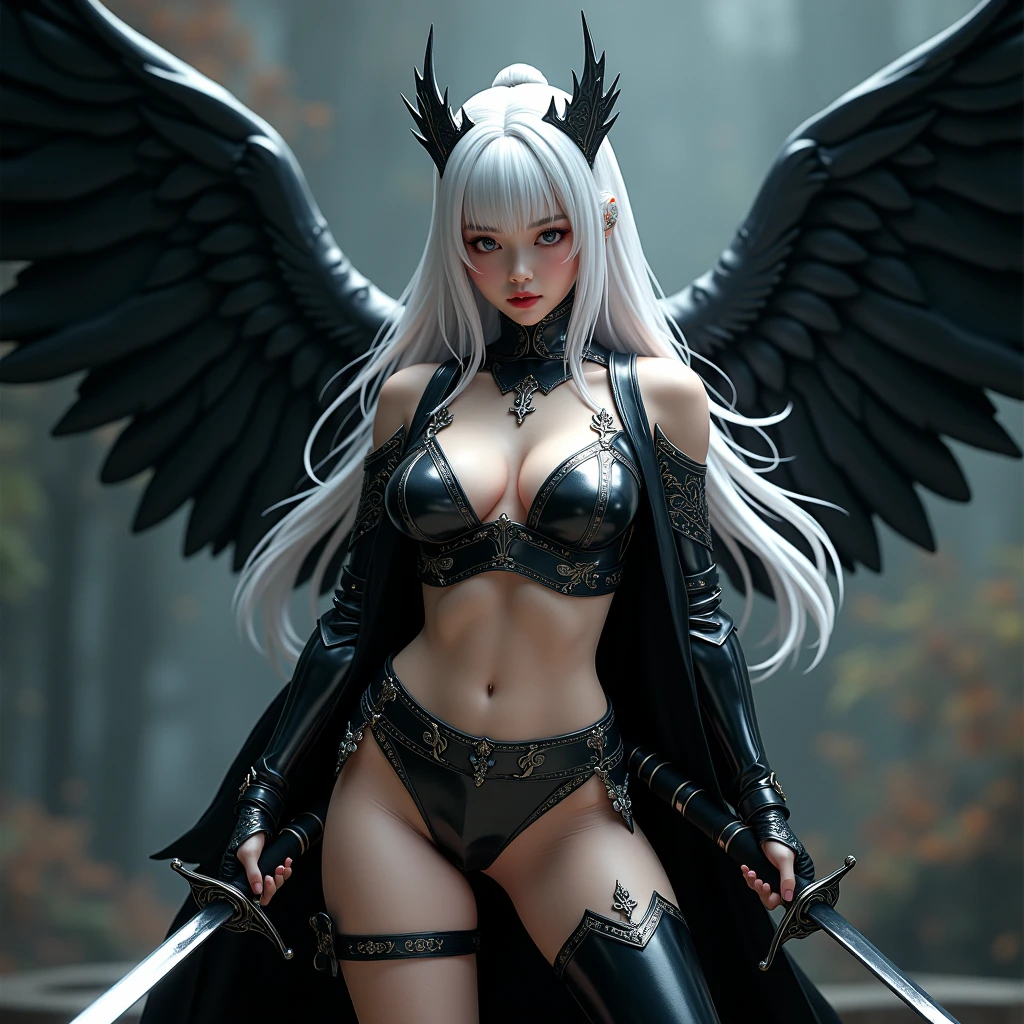 1fullbodyimage of a extremely cute Japanese young woman with albino skin and flowing hair, wide hips, well rounded legs, in a black and silver miniskirt outfit with black wings wielding a katana, Beautiful round breasts, Glossy lips, Perfect abs, (Perspectiveal), Tight waist, Inner seam, hourglass body shape, navel, Blush, Voluptuous, huge breasts, tight top, beautiful dark angel girl, warrior angel, villainess has black angel wings, angel knight gothic girl, angel in glossy metallic black and silver armor, crown in armour, stuning fantasy 3 d render, angel knight girl, cinematic volumetric lighting, ultra realistic, shot with Sony Fx6, (Glossy albino skin: 0.8), (Masterpiece: 1.4), (Best quality: 1.4), Natural(Big:1.25), Glossy lips, Perfect abs, (Perspectiveal), Tight waist, Inner seam, hourglass body shape, navel, Blush, Voluptuous, huge breasts, tight top, cinematic volumetric lighting