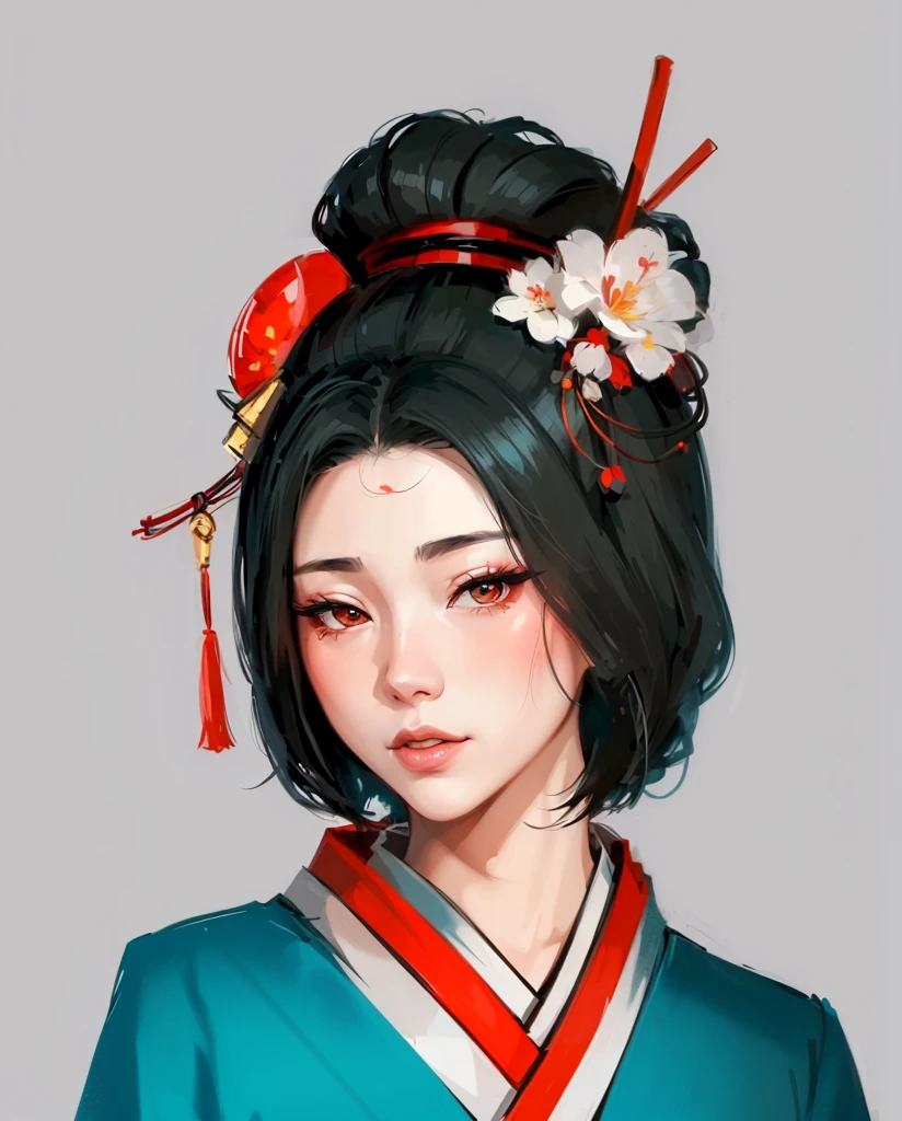 девушка в kimono, kimono в узорах. kimono, a geisha, красивая a geisha с темными волосами, a geisha стоит на облаках, character, красивый character, a geisha в красивом kimono, digital painting