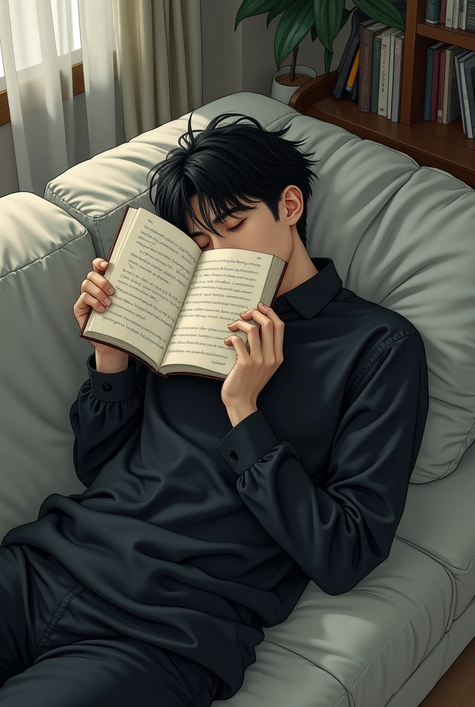 A realistic manhwa depicting a man sleeping on a sofa with his face covered by a book., has comma-style hair, black clothes. fair skin