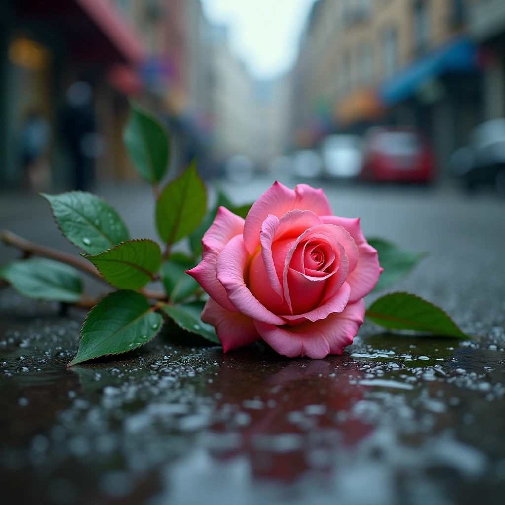 A green stem with a bright pink rose lies on the street, covered in beautiful water droplets, 8k, HD