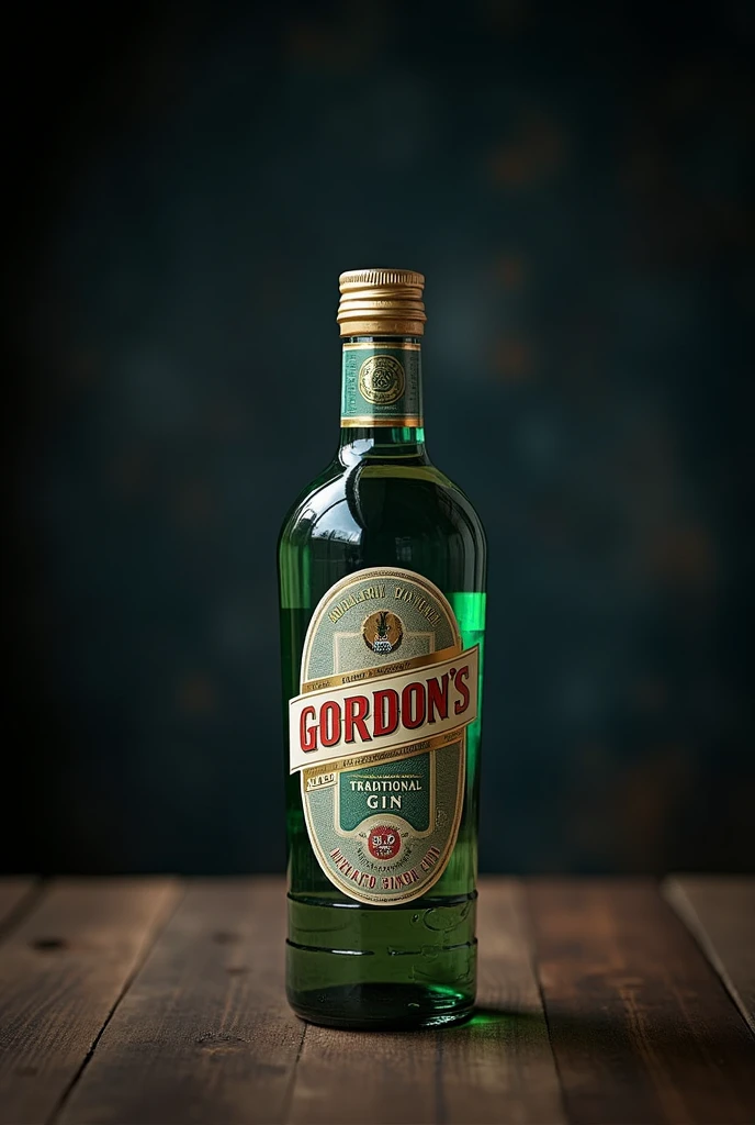 fotografia realisitic, announcement, from front view, Products, Um Gin Gordons 750ml (Trad.) realisitic, soft light and blurred background, dark background with high detail lights, sharpening, sharp contrast, focus on the Products,
