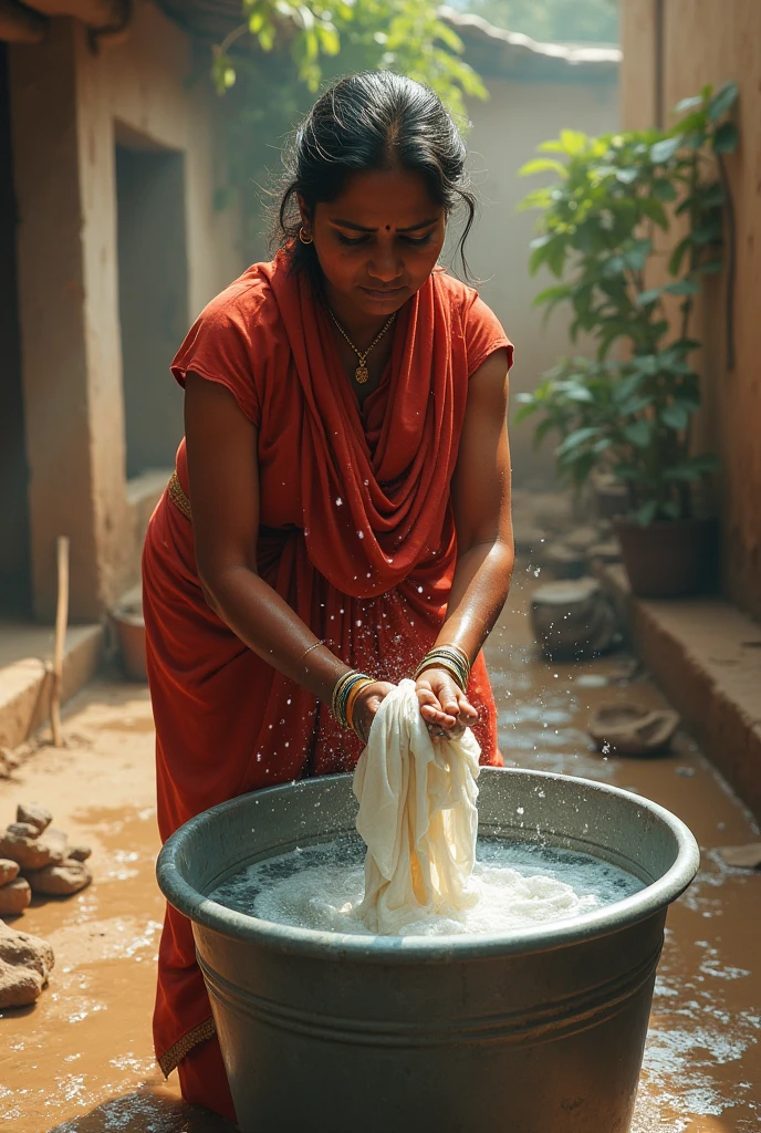 Indian mom washing clothes show water in the bucket 