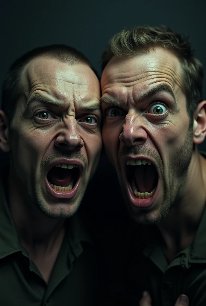 Men with faces that look like they're having insane ideas, scary image, realistic image