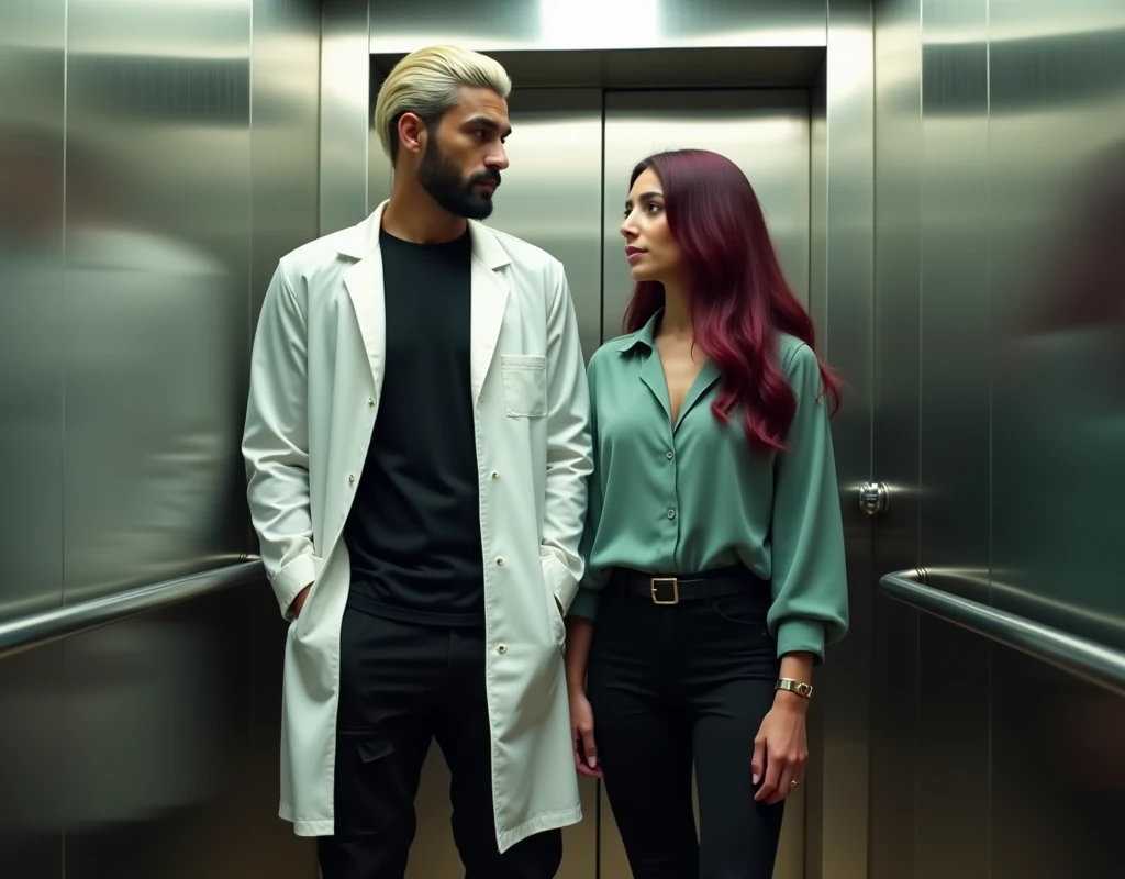 attractive Arab man (very tall:1.6), platinum blond wavy swept-back crew cut, dark skin, long black stubble, white lab coat, black t-shirt, black cargo pants, black boots, standing inside elevator next to a very short young Caucasian woman, vibrant maroon side-parted long wavy layered hair, soft green silk work blouse, low-rise black pants and black boots, hip shot, cinematic