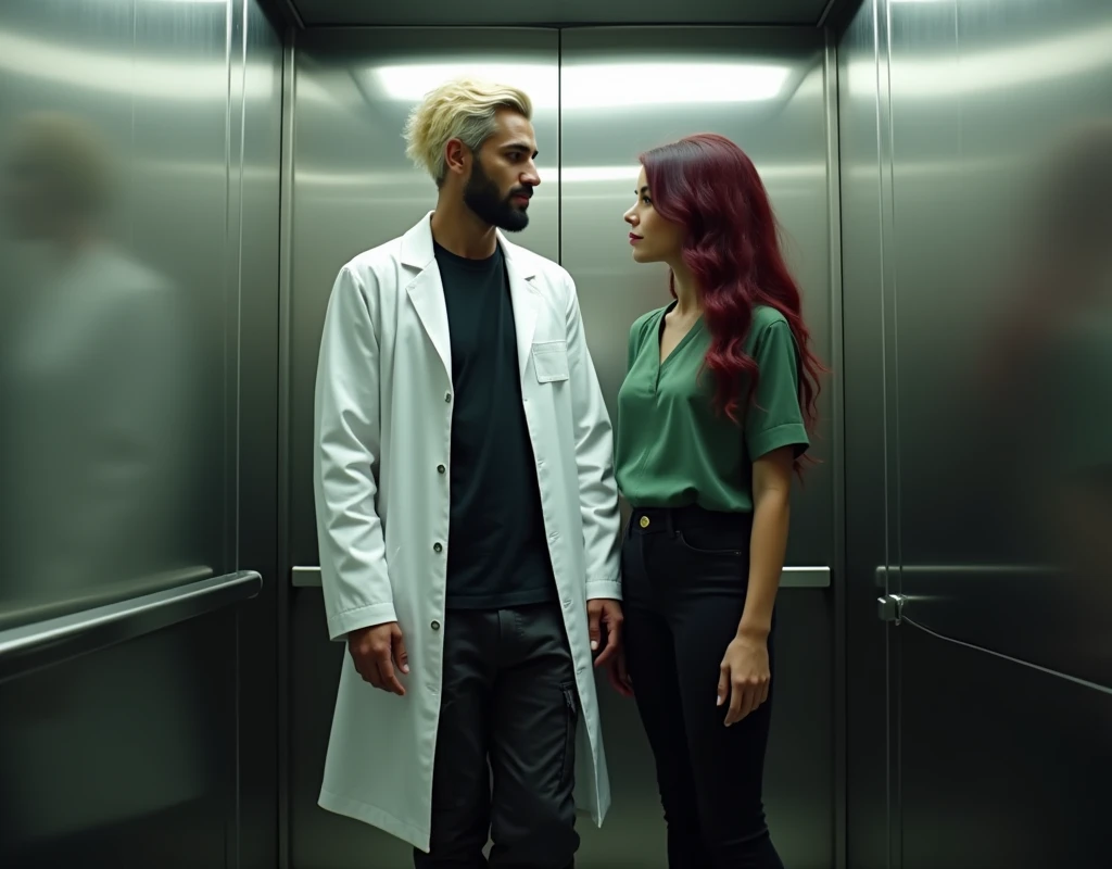 attractive Arab man (very tall:1.6), platinum blond wavy swept-back crew cut, dark skin, long black stubble, white lab coat, black t-shirt, black cargo pants, black boots, standing inside elevator next to a very short young Caucasian woman, vibrant maroon side-parted long wavy layered hair, soft green silk work blouse, low-rise black pants and black boots, hip shot, cinematic