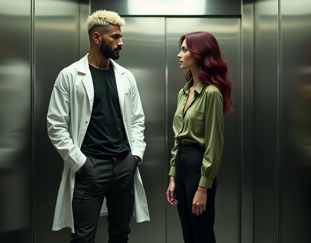 attractive Arab man (very tall:1.6), platinum blond wavy swept-back crew cut, dark skin, long black stubble, white lab coat, black t-shirt, black cargo pants, black boots, standing inside elevator next to a very short young Caucasian woman, vibrant maroon side-parted long wavy layered hair, soft green silk work blouse, low-rise black pants and black boots, hip shot, cinematic