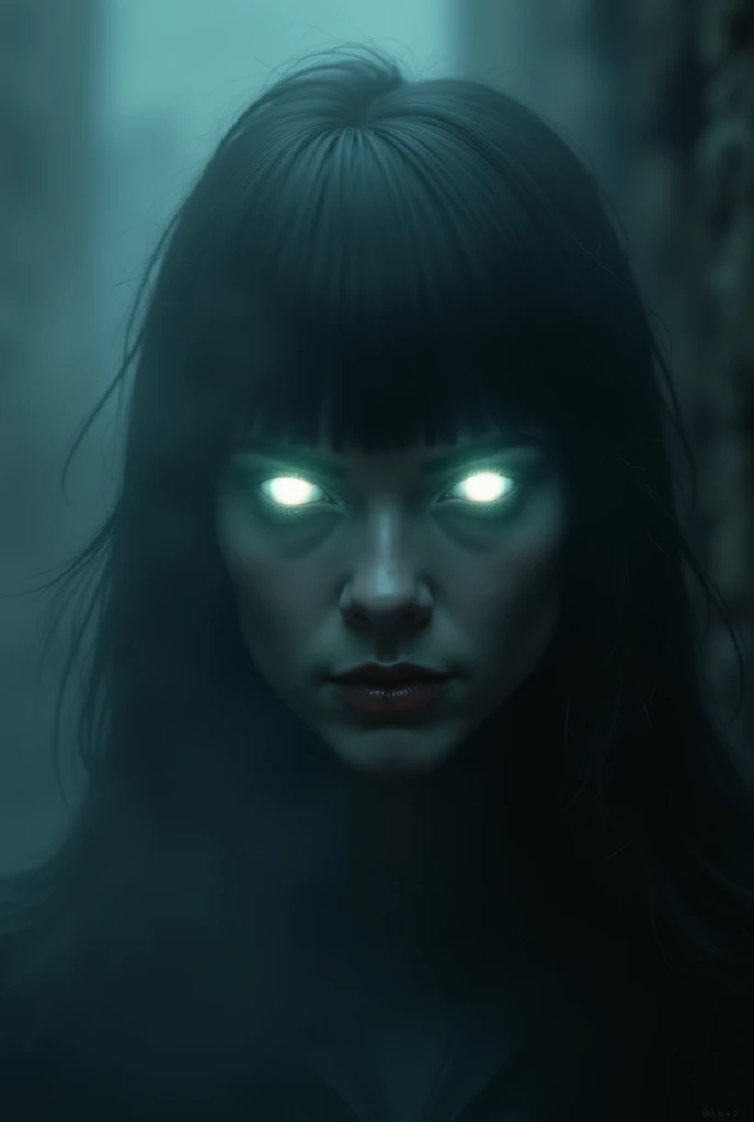 ((a female vampire's pair of glowing eyes shines)) close up picture, the fog hides the face, you see only the glowing eyes , you see only the pair of eyes, fantasy dark alley background, the fog fills the alley, you see only the glowing eyes