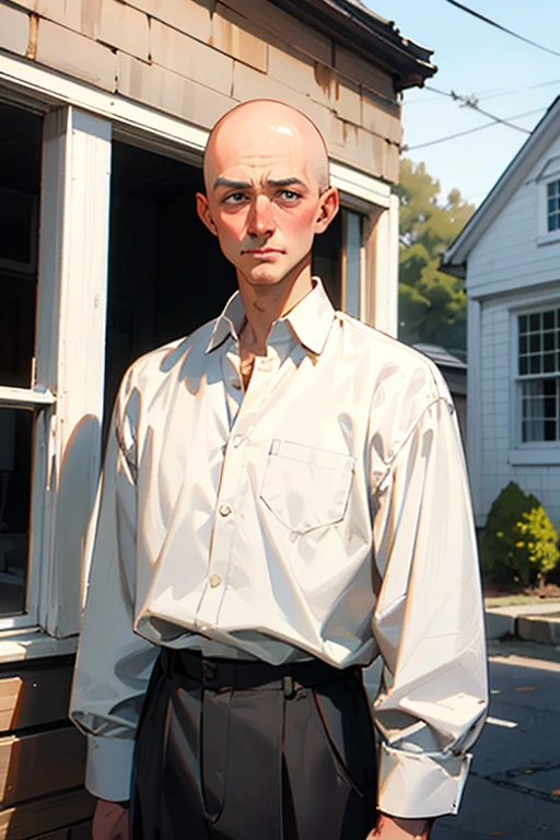 White man aged 21 with bald head with white shirt standing near an old house