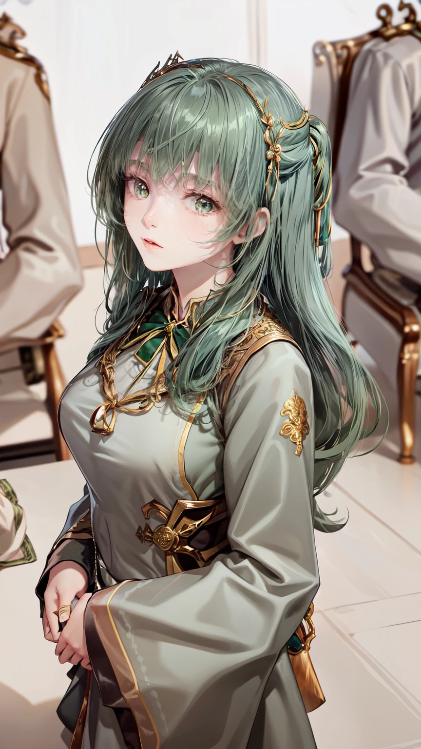 "A young woman with long, flowing green hair that cascades down her back, tied with a ribbon. She has delicate, fair skin and bright, expressive eyes that sparkle with a hint of mischief and intelligence. Her attire is an elegant, traditional Chinese dress in shades of white green, adorned with intricate patterns and a slight aura of light around her, symbolizing her supportive abilities as a spirit master.