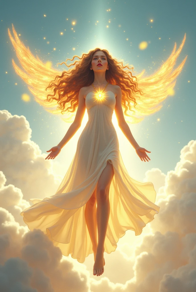 
a goddes woman that is floating in the sky, she looks like a dream. Her hair is long and curly, pointed nose, innocent face, red lips, have a beautiful body, smart, have a necklace shaped like a sun, her eyes are yellow. Her powers are light, she can heal, and can control light. Her attitude is kind, brave, and helpful on her people