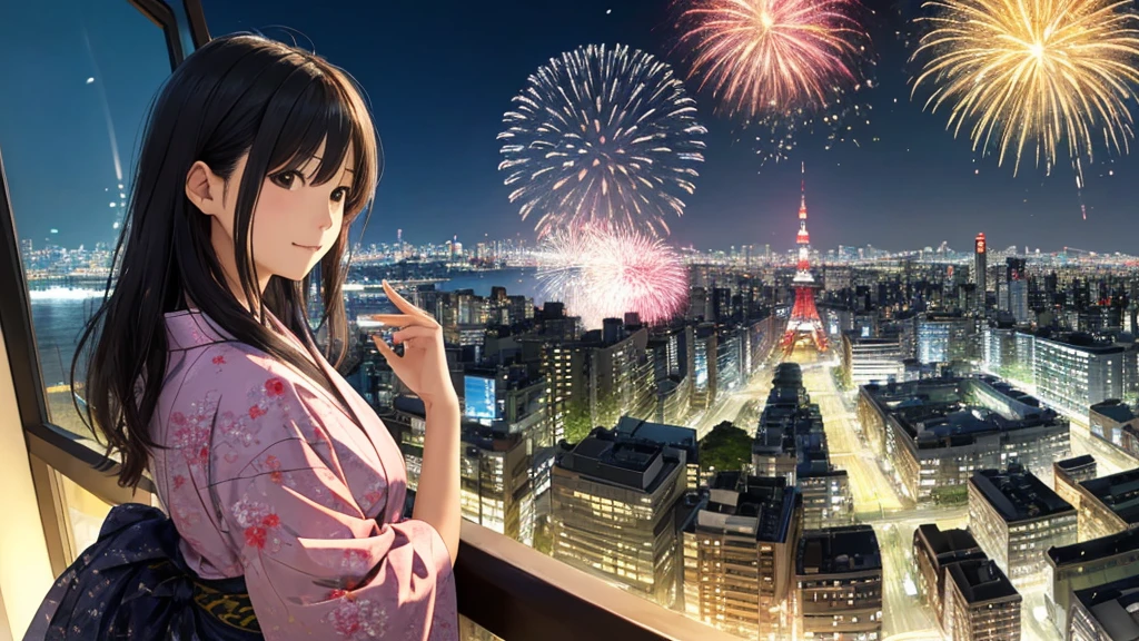 Shiraishi Mei, Looks exactly like Shiraishi Mei、Time is night、Tokyo Tower in the background、Big fireworks、Oceanの方を向いている後ろ姿、Woman looking up at the sky ,Long Hair,  Black Hair,, Photo from the side, Realistic, Highest quality, Detailed face, , Ocean, Embankment, Detailed Background,, Written boundary depth, Bokeh (Highest quality: 1.2), (masterpiece: 1.2), Watch Viewer, yukata ,Vision、(((Panorama:1.2)))